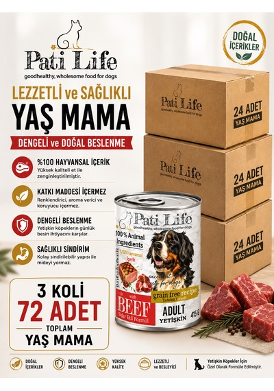 Pati Life Yüksek Proteinli Konserve Sığır Etli Köpek Maması 415 Gr 72 Adet