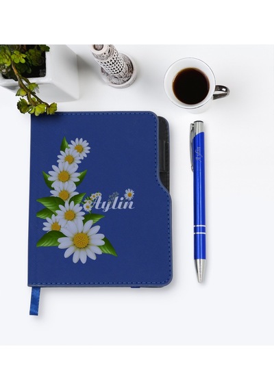 Kişiye Özel Papatya Temalı Lacivert Termo Deri Defter Kalem Seti- N11.138