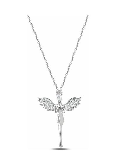 Çekirdekjewelry 925 Ayar Gümüş Melek Kolye Zirkon Taşlı Kanatlı Melek Figürlü Kadın Kolye Gri