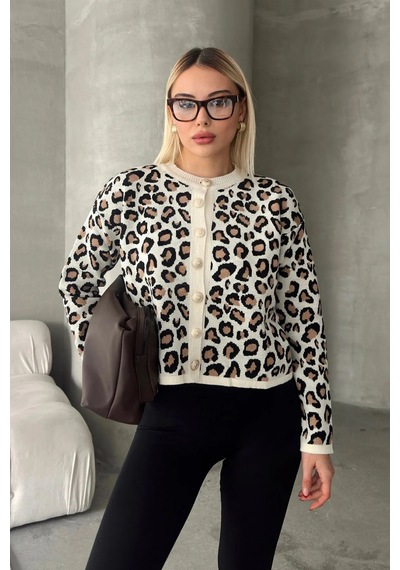 Woman And Kids Bisiklet Yaka Beyaz Leopar Desenli Hırka Beyaz