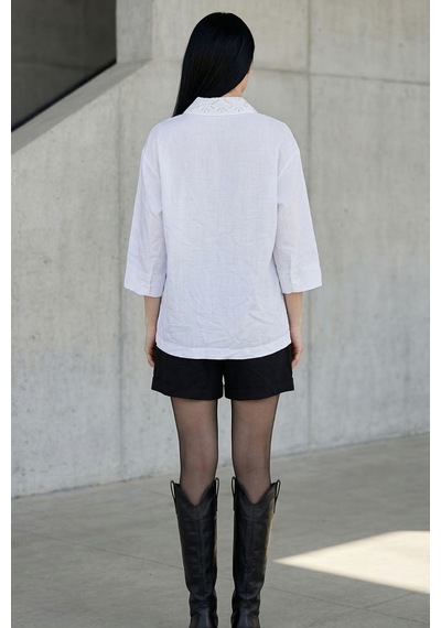 Kadın Beyaz Oversize Fit Düğmeli 3/4-truvakar Kol Fisto Yaka Dokuma Rahat Kesim Uzun Kadın Gömlek Bluz Beyaz