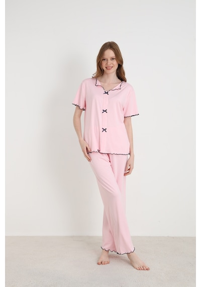 Elitol Bamboo Örme Fiyonklu Kadın Pijama Takımı Pembe-4