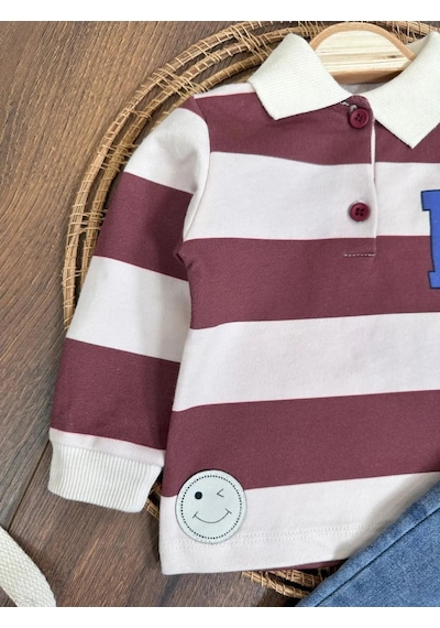 Bebicix Şerit Çizgili Detaylı Likralı Polo Yaka Erkek Bebek Takım Bordo