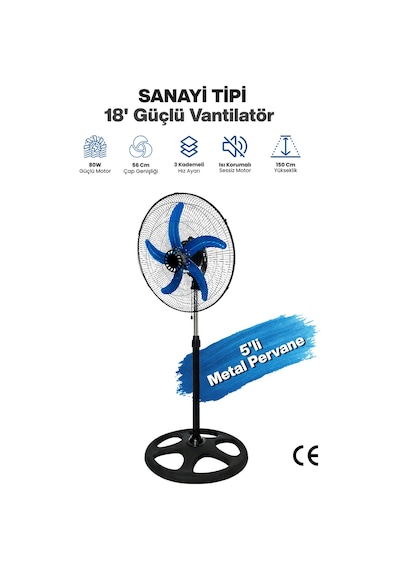 Diğer - Siyah - Sanayi Tipi 80w Güçlü Vantilatör 56cm Isı Yalıtımlı Motor 5 Pervaneli Mpıa Vt10 Ev Ofis Ayaklı Fan