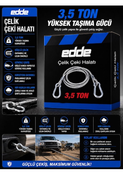 Edde Araba Araç Oto Çelik Çeki Halatı 3,5 Ton Araç Çekme Halatı