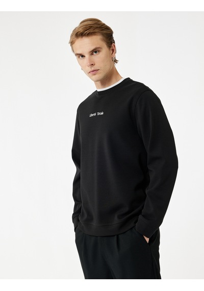 Koton İşleme Detaylı Uzun Kollu Bisiklet Yaka Sweatshirt Siyah 6wam70077mk