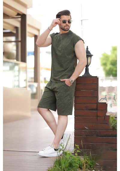 Madmext Haki Basic Erkek Yırtık Detaylı Şort T-shirt Takım E7319