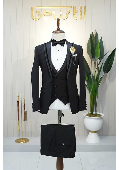 Bys Beystil Erkek Siyah Slimfit Yelekli Damatlık & Smokin 76016