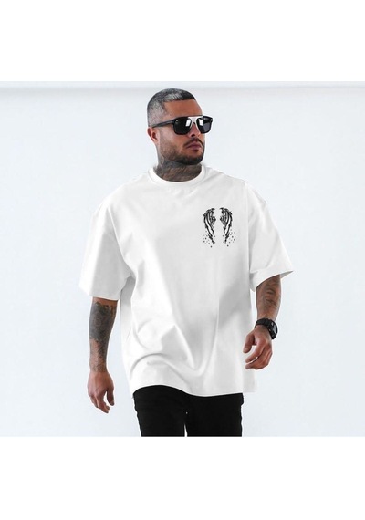 Flood Of Style Erkek Beyaz Yıldızlı Melek Kanadı Baskılı Bisiklet Yaka Tshirt