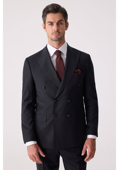 Erkek Lacivert Çizgili Slim Fit %100 Yün Çizgili Kruvaze Takım El
