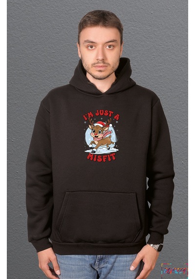 Bumeta I M Just A Misfit Yılbaşı Geyik Christmas Sweatshirt Unisex Kapüşonlu Hoodie Siyah