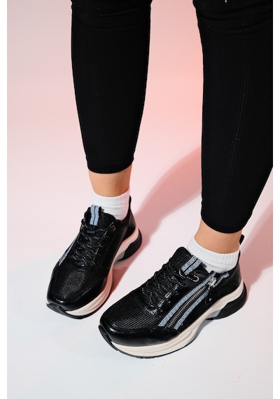 Luvishoes Oude Siyah Kadın Fermuarlı Kalın Taban Spor Sneakers Siyah