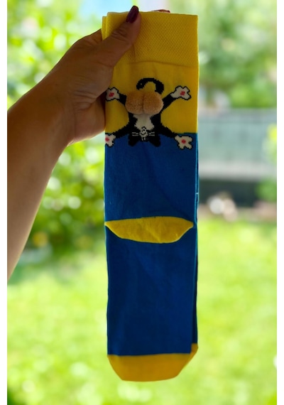 Lousocks Unisex Sarı Mavi Renk Bloklu Kedi Desenli Ponpon Soket Çorap