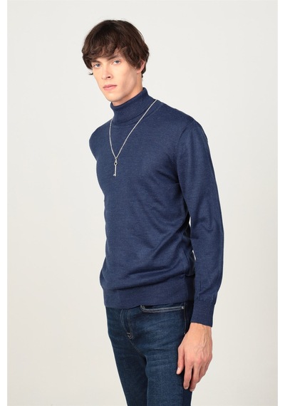 Tudors Slim Fit Dar Kesim Tam Boğazlı Yaka Düz Yün Erkek Kazak-25696 Saks