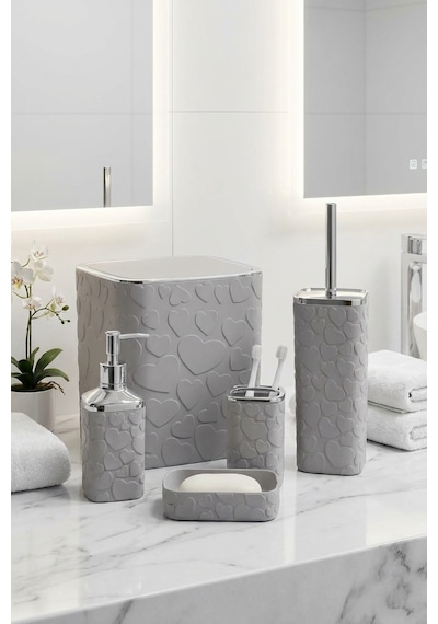 Makri Home 5 Parça Banyo Seti, Kalp Desenli, Gri Silver, Kare, Click Kapaklı, Hacim: 8 Litre Gri