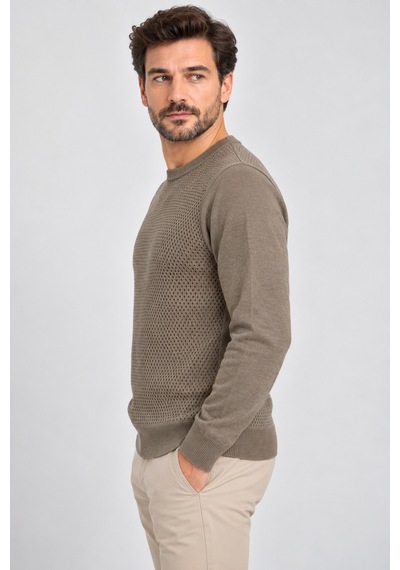 Bihan Store Desenli Siyah Bisiklet Yaka Erkek Triko Kazak 8100-bej Açık Bej