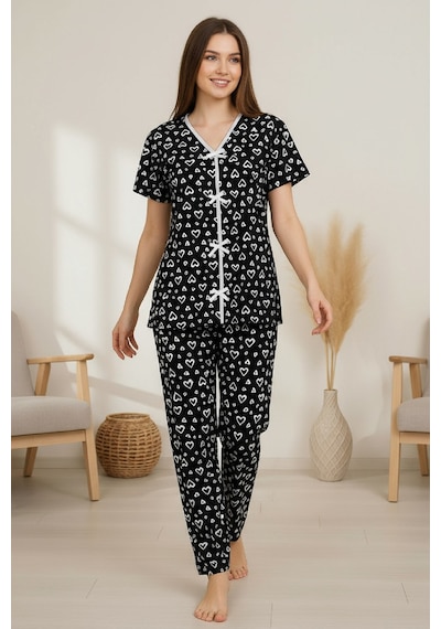 Fantezia Night Kadın Turuncu Kalp Desenli Fiyonklu Kısa Kollu Uzun Pijama Takımı Siyah