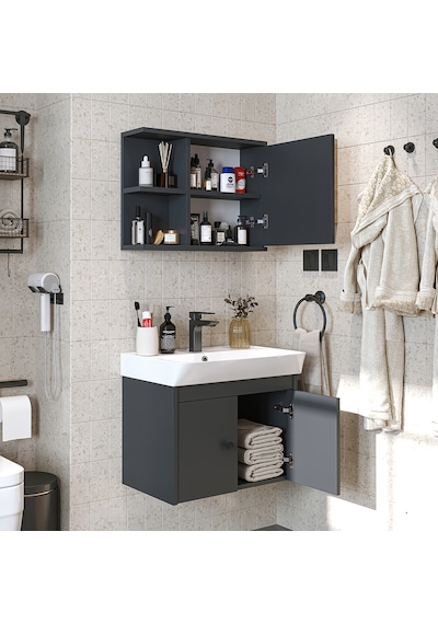 Lavabolu Mat Suntalam 60 Cm Banyo Dolabı, Aynalı Üst Dlp Antrasit Lavabolu Mat Suntalam 60 Cm Banyo Dolabı, Aynalı Üst Dlp Antrasit