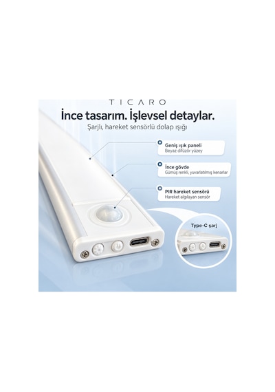 Tıcaro 32 Cm Cct Sensörlü Şarjlı Led Dolap Işığı, 62 Led, 2200 Mah, 1 Adet Gümüş