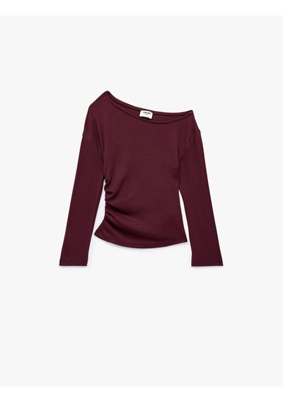 Koton Büzgülü Slim Fit Asimetrik Yaka Uzun Kollu Tişört Mürdüm 7wkg10690ak Mor