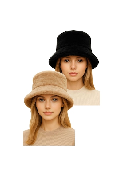 Uniquetrenders Kadın Ayarlanabilir Peluş Bucket Kova Şapka 2'li Set Siyah - Camel