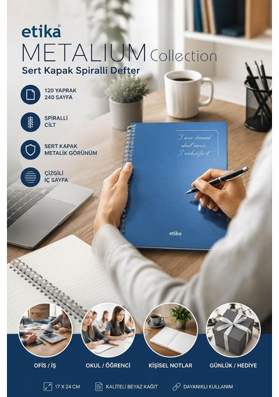 Metalik Sert Kapak Spiralli Defter - 17x24 Cm, 240 Sayfa