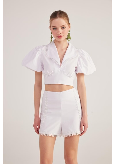 Holly Lolly Astarlı, Brode Detaylı Poplin Fairy Şort Beyaz