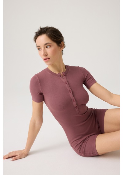 Los Ojos Bordo Fitilli Kısa Kollu Kısa Tulum Short Romper Bordo Bordo