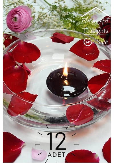 Float Siyah 12 Adet Yüzen Mum 4 Saat Yanan Tea Light Mum Kokusuz Terapi Mumu