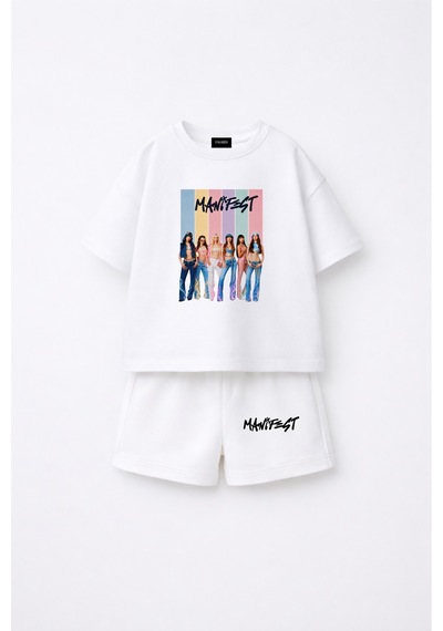 Fasardi Manifest Girls M6nifestgirls Baskılı Oversize %100 Pamuk Tişört Şort 2li Çocuk Takım Beyaz