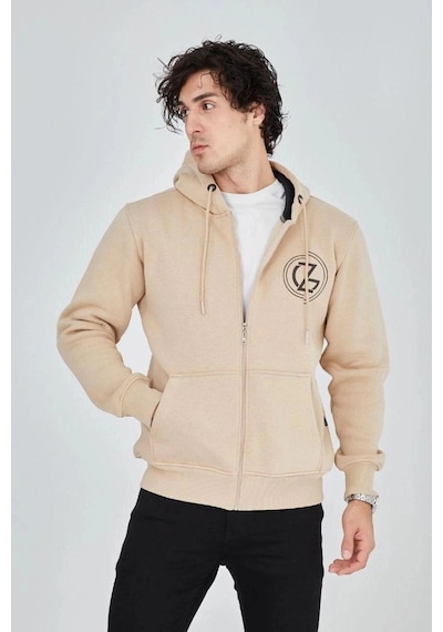 Freedom Storee Erkek 3 İplik Pamuklu Fermuarlı Kapüşonlu Kanguru Cepli Baskılı Hoodie Hırka Sweatshirt - Bej Çok Renkli