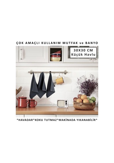 Püskül Antrasit, Pakette 3-adet 30x30 Cm Mutfak Havlusu, Misafir Havlusu Açık Bej