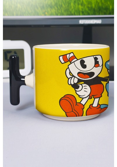 Cuphead Baskılı Seramik Lüks Kupa 1 Adet T Şeklinde Özel Siyah Kulp Dalga Kulp V5t Çok Renkli
