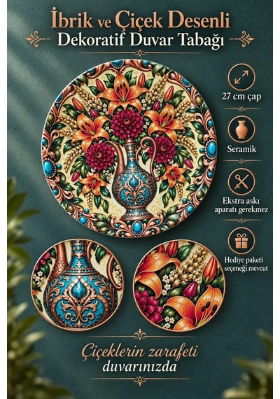 Dekoratif Duvar Tabağı İbrik Ve Çiçek Desenli 27 Cm - Dekorlu Seramik Tabak