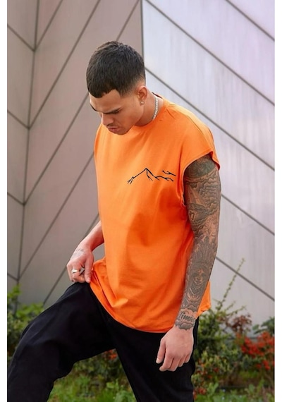 Dağ Silüet Baskılı Oversize Unisex Kolsuz Tişört Turuncu Dağ Silüet Baskılı Oversize Unisex Kolsuz Tişört Turuncu
