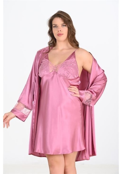 Findit Büyük Beden 2li Gülkurusu Sabahlık Takımı Bigsize 6204 Ekru