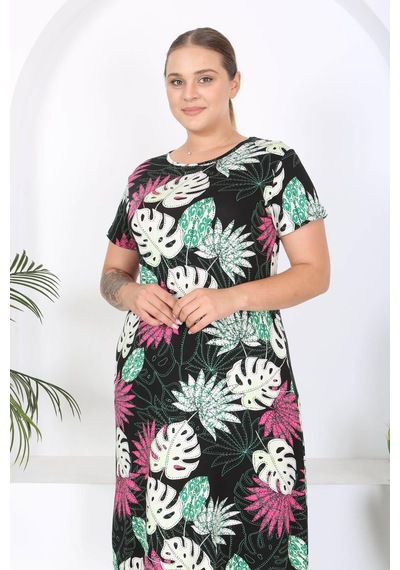 Mooi Xxl Kadın Pembe Yeşil Tropik Desen Midi Elbise Pembe