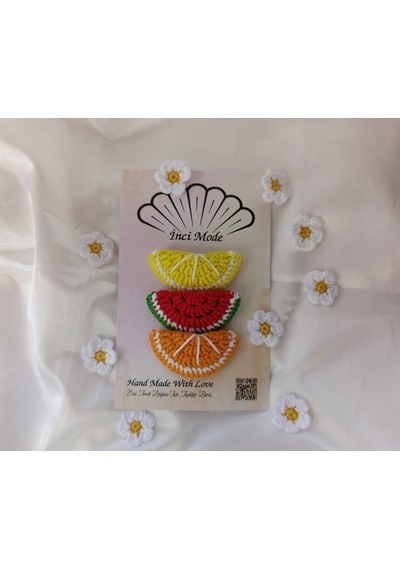 Kız Çocuk Limon Karpuz Portakal Meyveli 3'iü Toka Seti Hand Made Çok Renkli