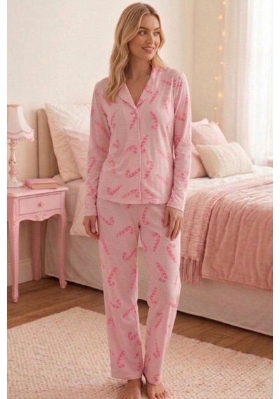 Baston Şeker Desenli Uzun Kollu Pijama Takımı 4601 -pembe