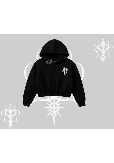 Startmore Gothic Cat Made İn Hell Baskılı Sweatshirt Kapşonlu Crop Sweatshirt Siyah