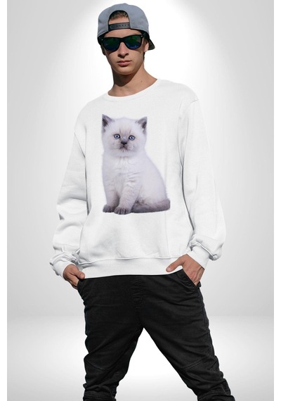 Beyaz Yavru Kedi Unisex Beyaz Sweatshirt Beyaz
