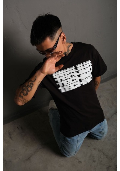 Technomonkey Unisex Siyah Oversize Techno Baskılı Tişört