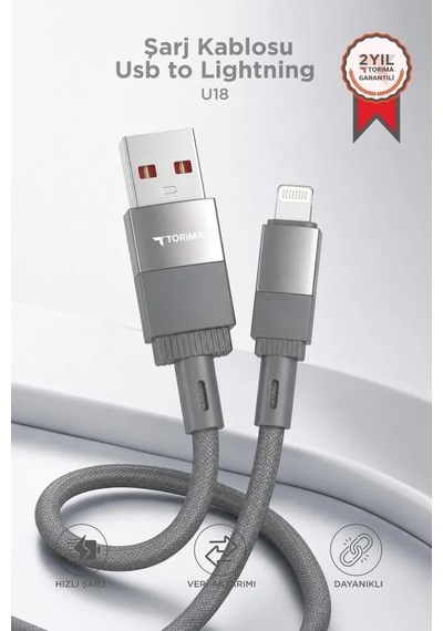 Günlük Kullanım Aksesuar Veri Aktarımı Şarj Kablosu Usb To Lightning Data Kablo U18 Gri