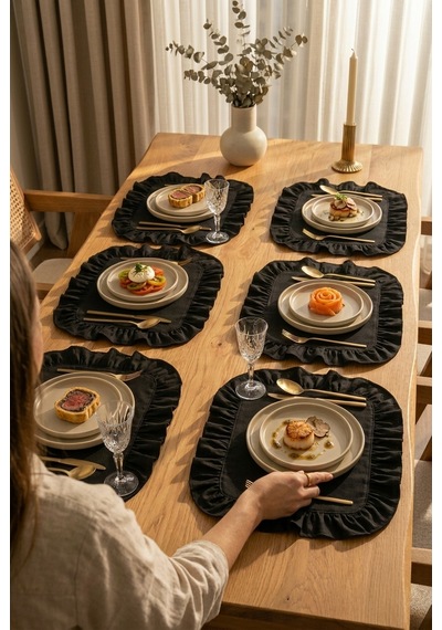 Pamuklu Fırfırlı Kare Supla 6'lı Set Amerikan Servis 33 Cm Supla Siyah