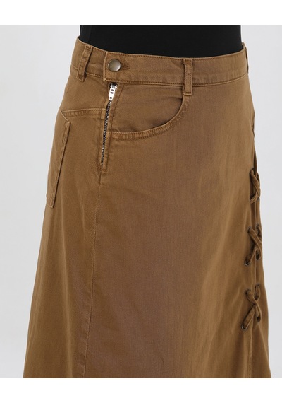 Vellichor Bağcık Detaylı Denim Etek- Camel Çok Renkli