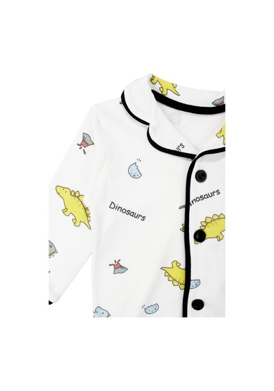 Bebegen Unisex Ekru Renkli Dinazor Desenli Kruvaze Yaka Pijama Takımı Çok Renkli