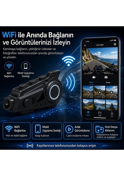Kameralı Motosiklet Kask Bluetooth Kulaklığı, Wifi Destekli Kask İçi İletişim Sistemi, Type-c Şarjlı, Mikrofonlu Ve Hoparlörlü, Eller Serbest Görüşme, Tf Kart Destekli