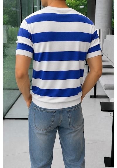 Tarz Cool Erkek Çizgili Triko Tişört Bisiklet Yaka Slim Fit Yazlık İnce Dokulu Lacivert
