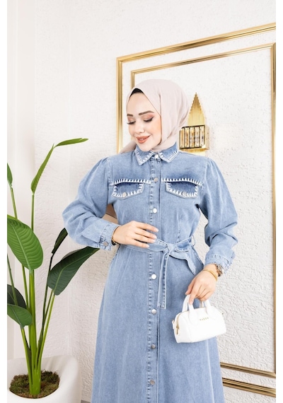 Harman Butik Kadın Cep Detaylı Denim Kot Elbise Mavi Mavi
