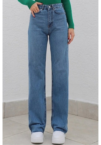 Orta Mavi Likralı Süper Yüksek Bel Salaş Jeans Palazzo Pantolon Orta Mavi